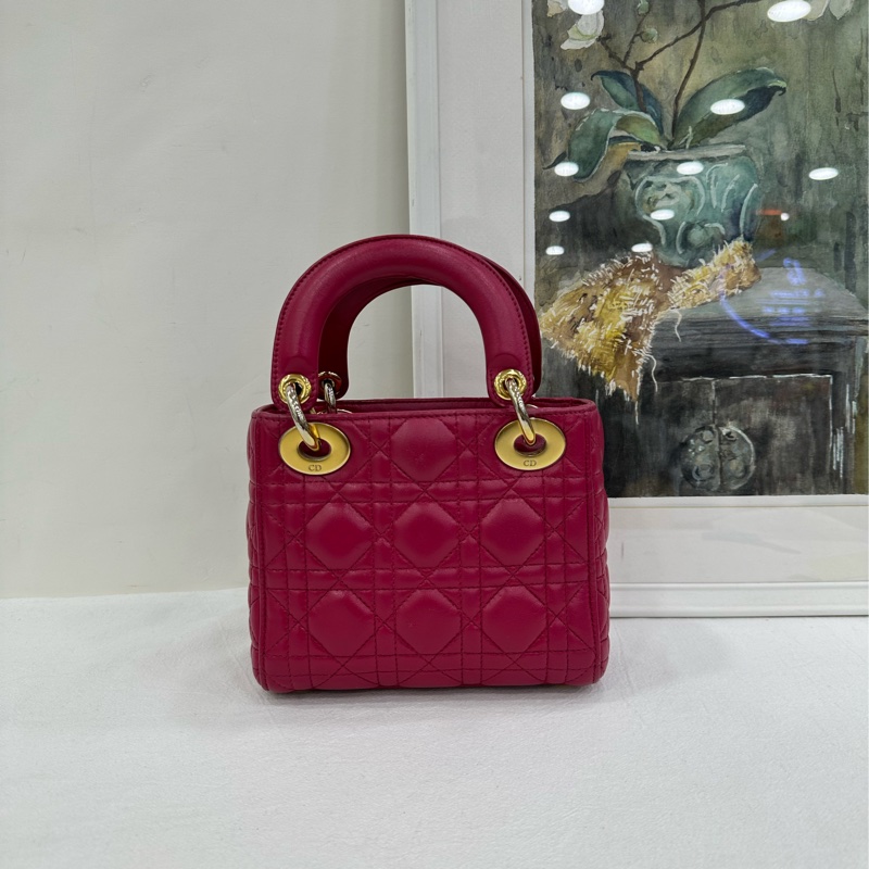 Dior 迪奧lady 三格戴妃包 紫粉色金扣 小羊皮 16年標 手感很好-2