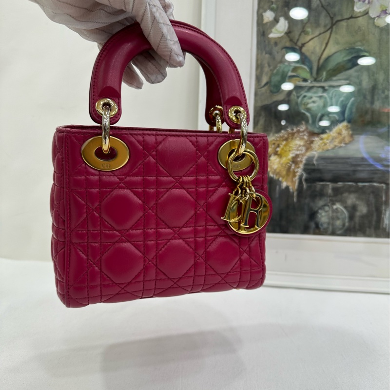 Dior 迪奧lady 三格戴妃包 紫粉色金扣 小羊皮 16年標 手感很好-6
