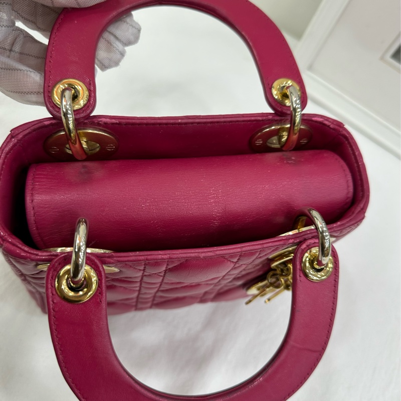 Dior 迪奧lady 三格戴妃包 紫粉色金扣 小羊皮 16年標 手感很好-7