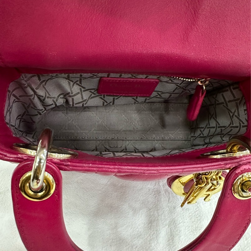 Dior 迪奧lady 三格戴妃包 紫粉色金扣 小羊皮 16年標 手感很好-8