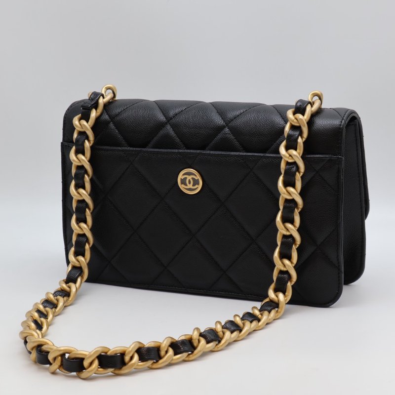 CHANEL 24A大雙C粒面牛皮口蓋包 - 黑金-1