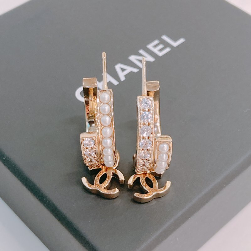 MS0489 Chanel 香奈兒 環形 耳環 水鑽 珍珠 金色  Crystal And Pearl CC Hoop Earrings Pearl x GHW-1
