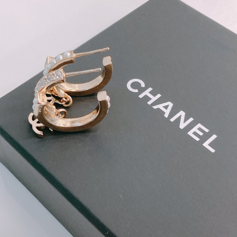 MS0489 Chanel 香奈兒 環形 耳環 水鑽 珍珠 金色  Crystal And Pearl CC Hoop Earrings Pearl x GHW-3