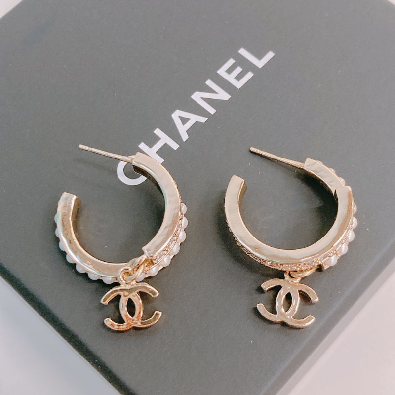 MS0489 Chanel 香奈兒 環形 耳環 水鑽 珍珠 金色  Crystal And Pearl CC Hoop Earrings Pearl x GHW-5