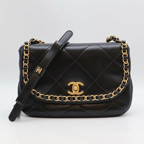 CHANEL 25P皮穿鍊滾邊口蓋包 - 黑金