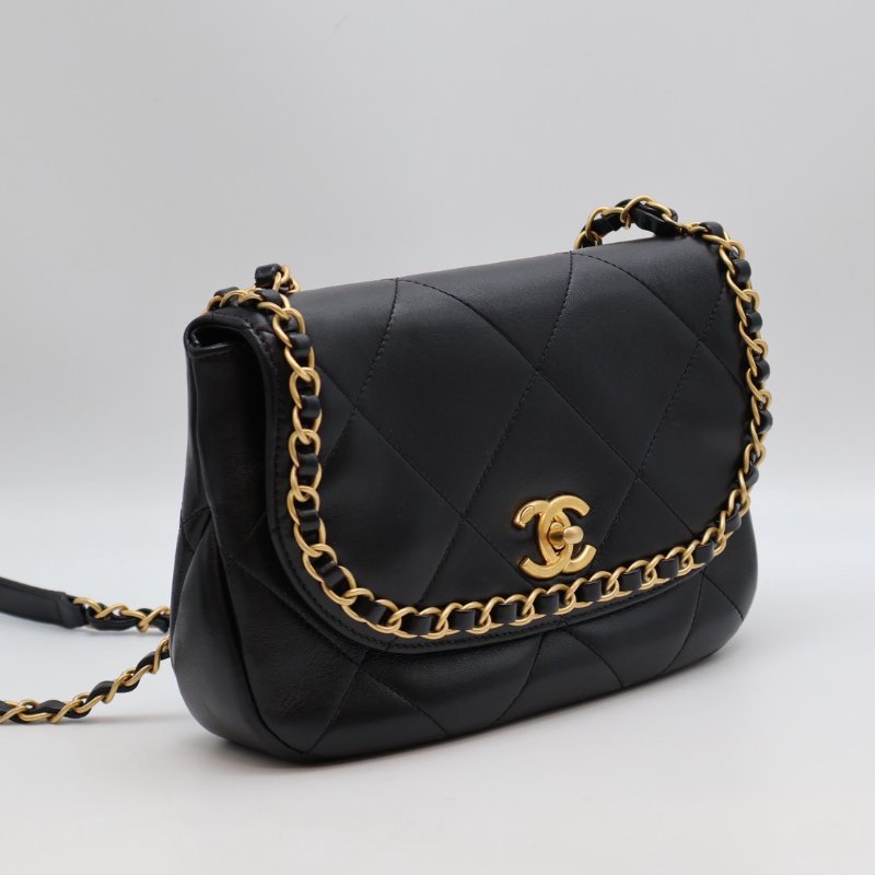 CHANEL 25P皮穿鍊滾邊口蓋包 - 黑金-9