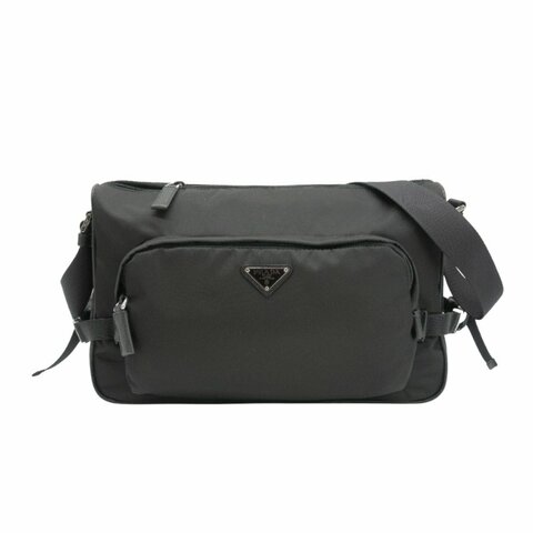 Prada Re-Nylon Saffiano 再生尼龍銀三角logo拉鍊雙層斜背包-大(2VH191-黑)