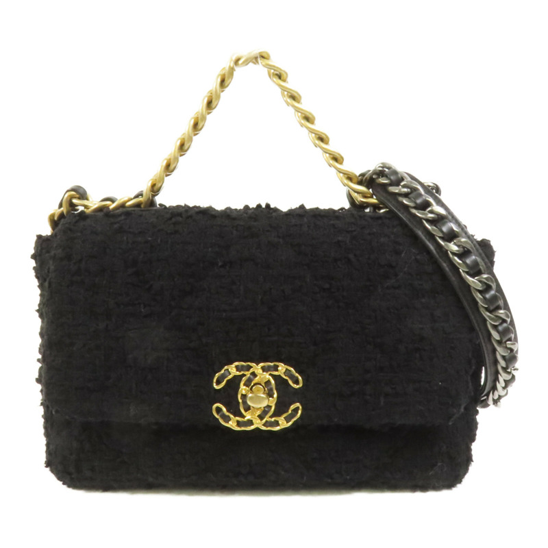 CHANEL Tweed Chanel 19 Small銀扣鏈帶手挽肩背兩用袋-0