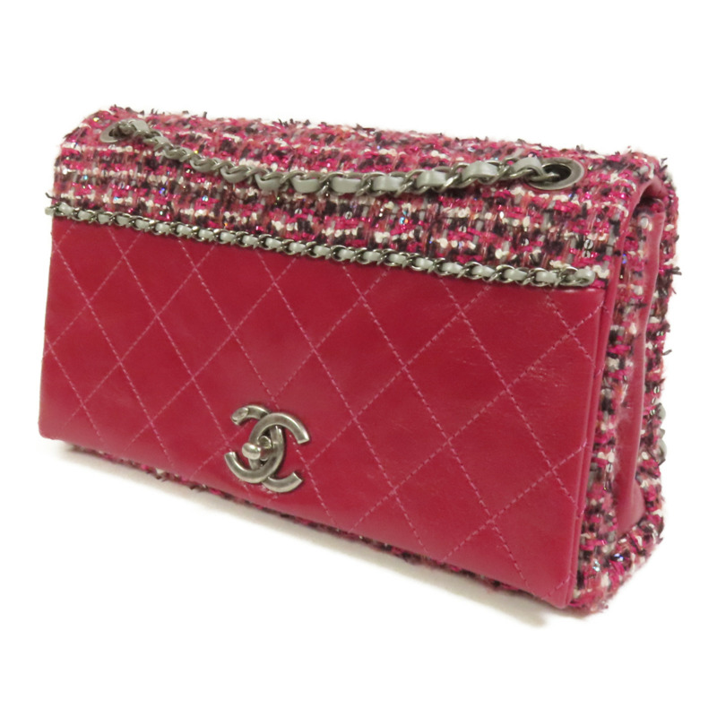 CHANEL Tweed/牛皮皮革Chain Shoulder Flap Bag銀扣鏈帶肩背袋-2