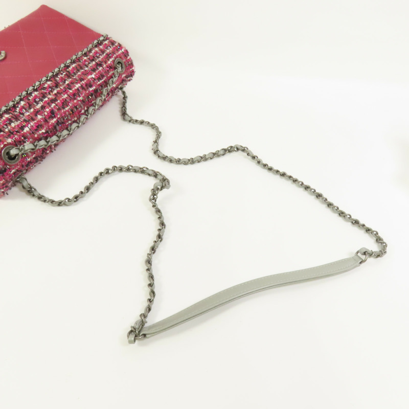 CHANEL Tweed/牛皮皮革Chain Shoulder Flap Bag銀扣鏈帶肩背袋-4