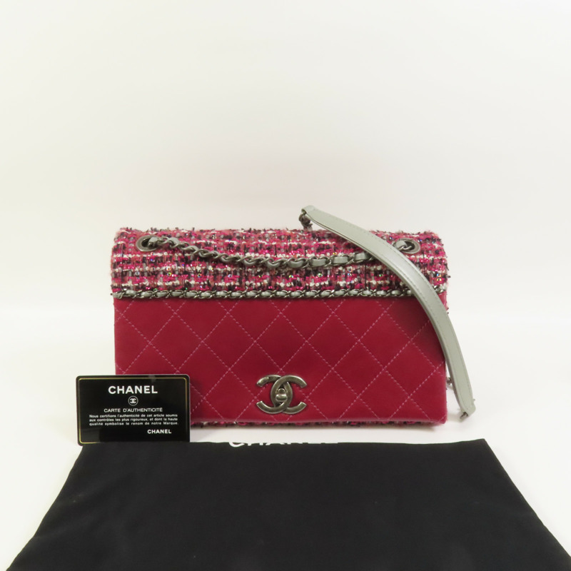 CHANEL Tweed/牛皮皮革Chain Shoulder Flap Bag銀扣鏈帶肩背袋-11