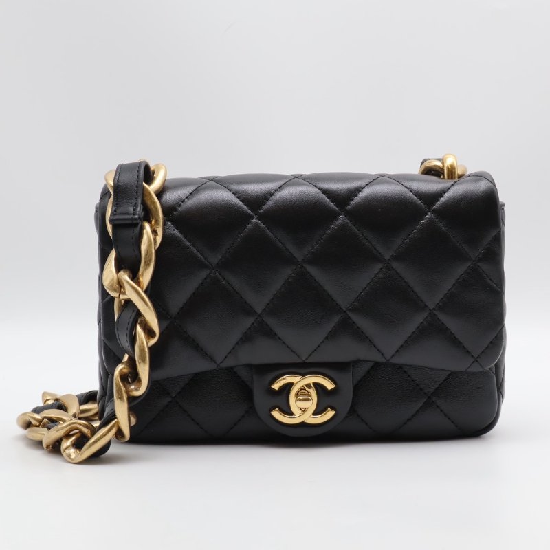 CHANEL 23P羊皮粗鍊單肩包 - 黑金-0