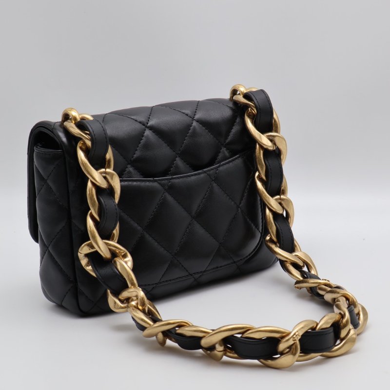 CHANEL 23P羊皮粗鍊單肩包 - 黑金-1