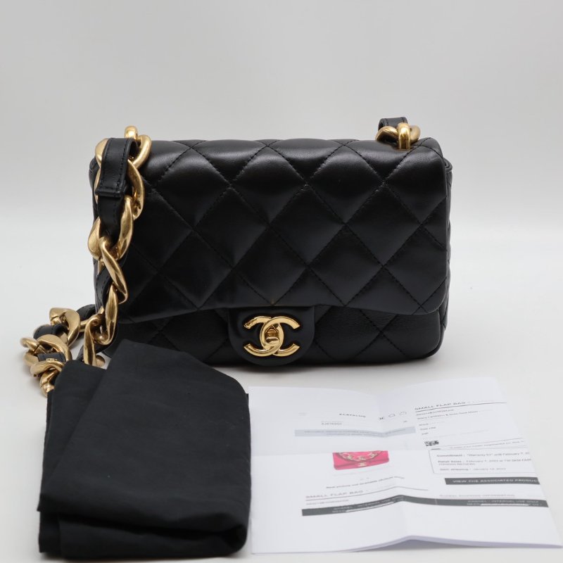 CHANEL 23P羊皮粗鍊單肩包 - 黑金-16