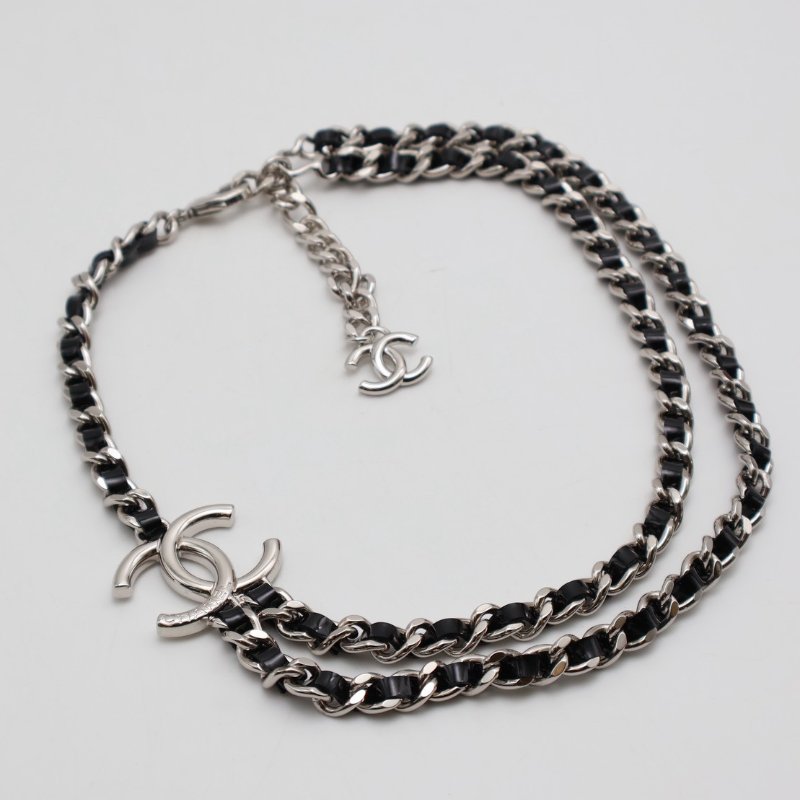 CHANEL 25P雙層皮穿鍊雙C項鍊 - 黑銀-0