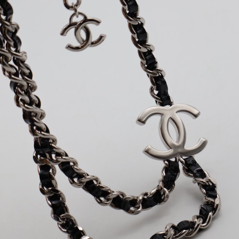 CHANEL 25P雙層皮穿鍊雙C項鍊 - 黑銀-1