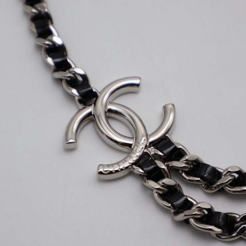 CHANEL 25P雙層皮穿鍊雙C項鍊 - 黑銀-3