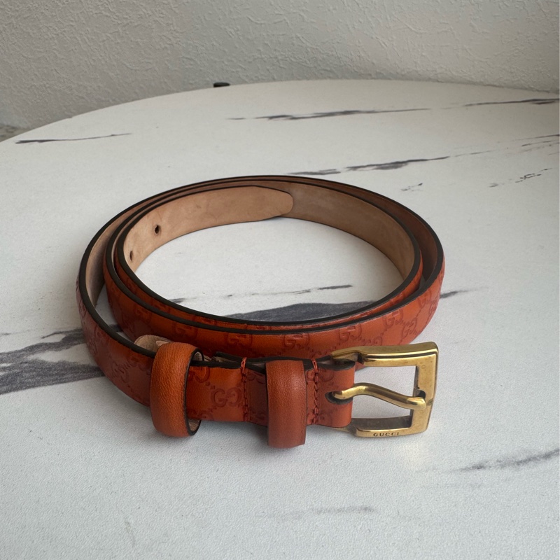 Gucci橘色壓紋細版皮帶85公分-0