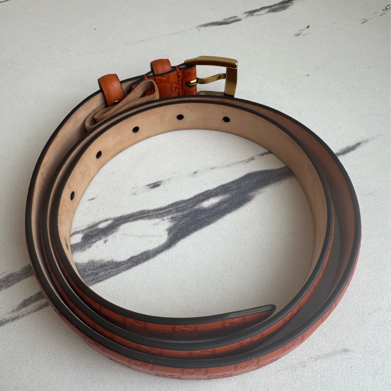 Gucci橘色壓紋細版皮帶85公分-2