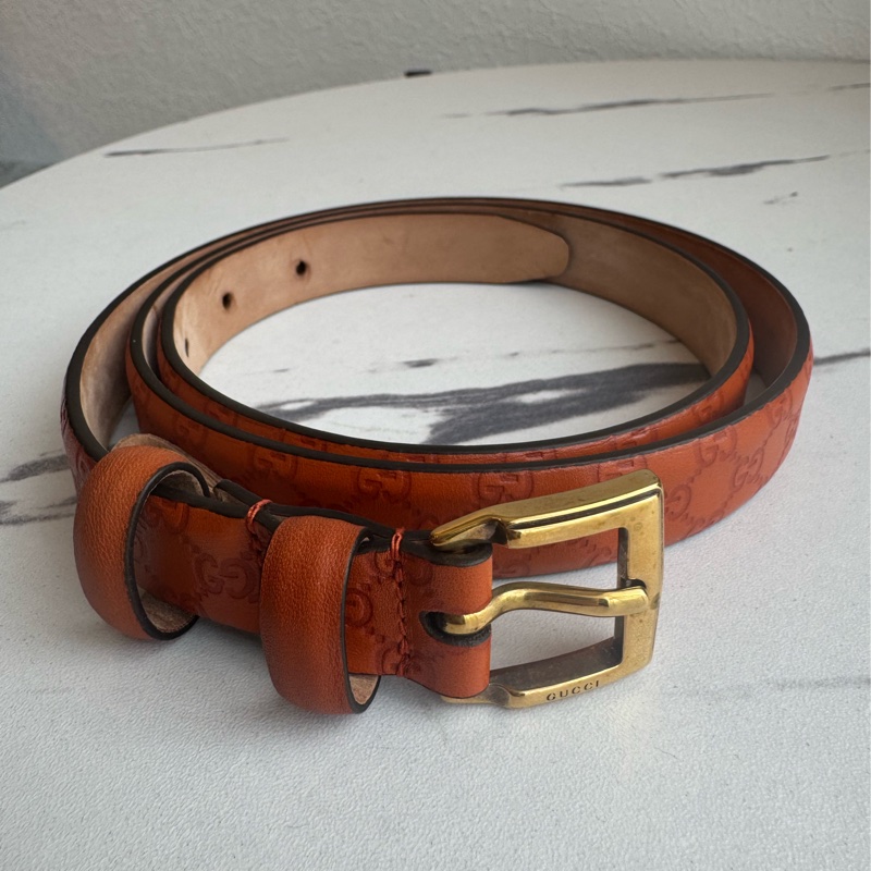 Gucci橘色壓紋細版皮帶85公分-3