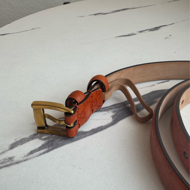 Gucci橘色壓紋細版皮帶85公分-4