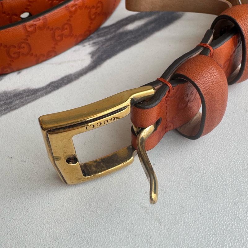 Gucci橘色壓紋細版皮帶85公分-7