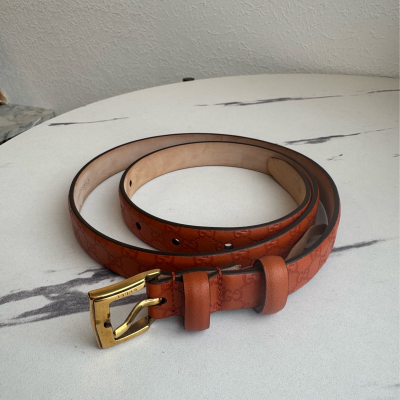 Gucci橘色壓紋細版皮帶85公分-19