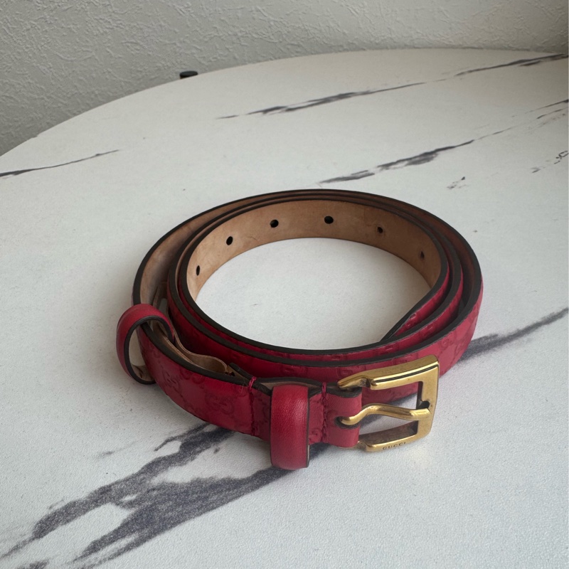 Gucci紅色壓紋細版皮帶85公分-0