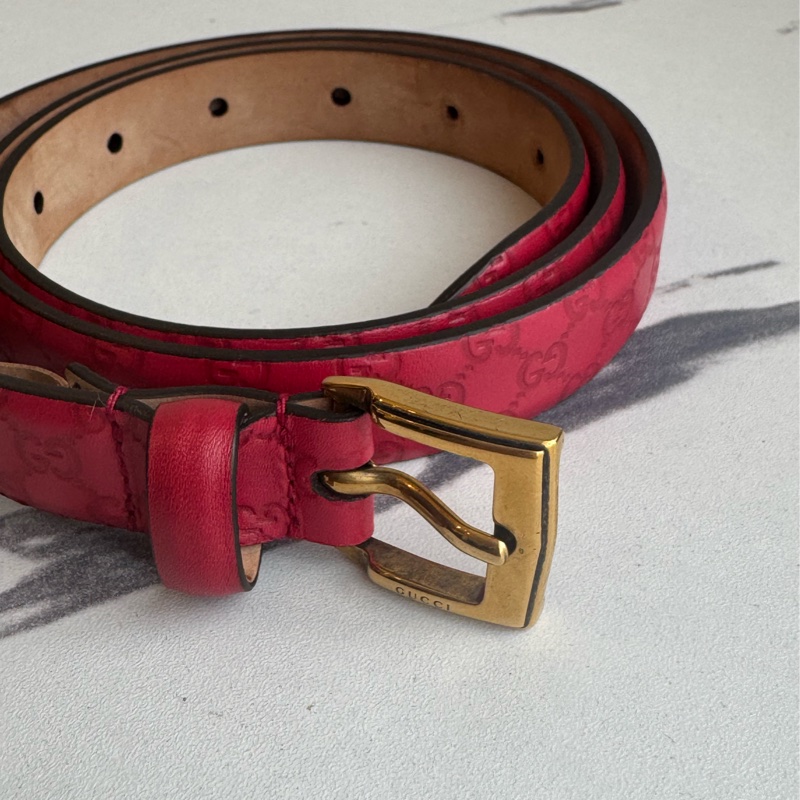 Gucci紅色壓紋細版皮帶85公分-3