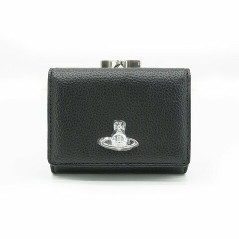 Vivienne Westwood 荔枝皮星球銀logo三折轉扣零錢短夾(黑)