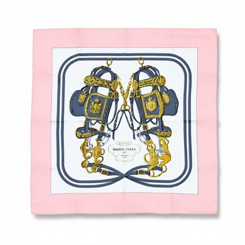 中古 愛馬仕 90公分 馬勒繫帶 粉紅色 絲質 方巾-9