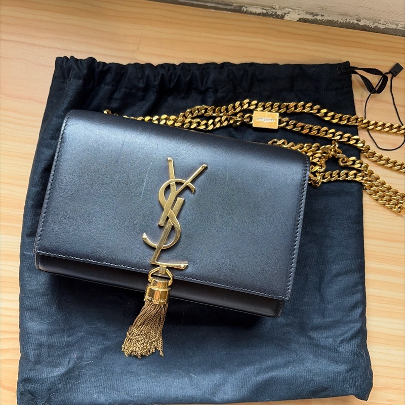 SAINT LAURENT(聖羅蘭) KATE Mini 流蘇 黑色  金扣 鏈帶 可斜背肩背-5