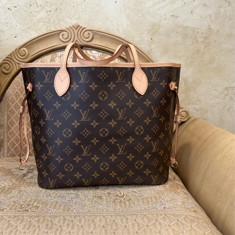 LV 原花金釦Neverfull MM手提肩背包M46987-1