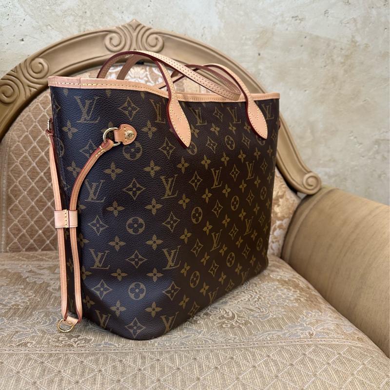 LV 原花金釦Neverfull MM手提肩背包M46987-2