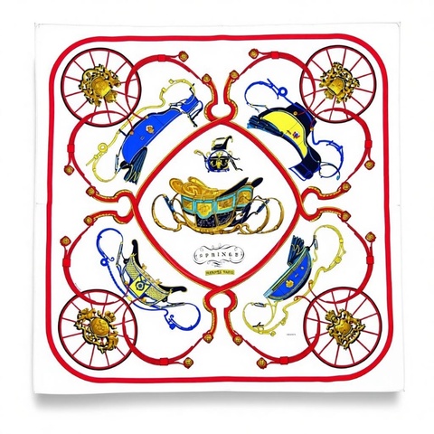 中古 愛馬仕 Hermès Springs 春日系列 馬車 真絲 絲巾