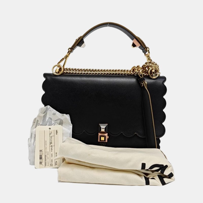 FENDI Kan I中號黑色牛皮單肩包斜挎包手提包金色五金2條可拆卸肩帶-7
