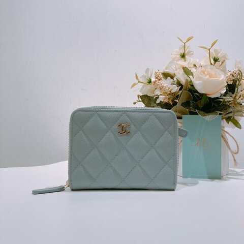 TW4660 Chanel 香奈兒 新款 拉鏈短錢包 灰綠色 荔枝皮Classic Zipper Wallet