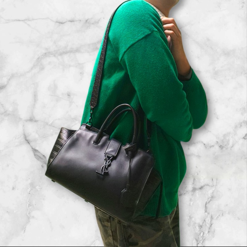 ‼️年前限時特賣‼️（原31800）至1/25⏰㊣✨YSL✨SAINT LAURENT 聖羅蘭 黑色 拼接 壓紋 鱷魚紋 烤漆 兩用 醫生包 手提包 肩背包包/二手精品/保證正品🌳二手樹屋🌳-68