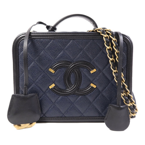 CHANEL 牛皮皮革Filigree Vanity Case金扣鏈帶手挽肩背兩用袋