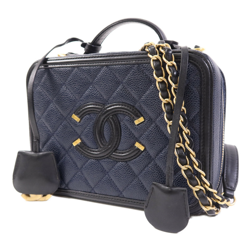 CHANEL 牛皮皮革Filigree Vanity Case金扣鏈帶手挽肩背兩用袋-2