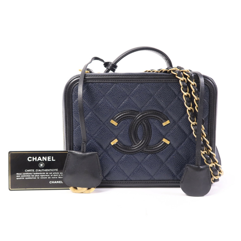 CHANEL 牛皮皮革Filigree Vanity Case金扣鏈帶手挽肩背兩用袋-9