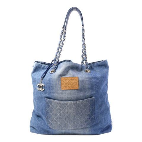 CHANEL 牛仔布Tote Bag銀扣鏈帶手挽袋