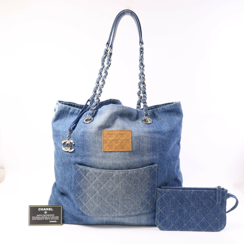 CHANEL 牛仔布Tote Bag銀扣鏈帶手挽袋-9