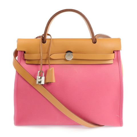 HERMES 帆布Herbag PM銀扣手挽肩背兩用袋Bois de Rose