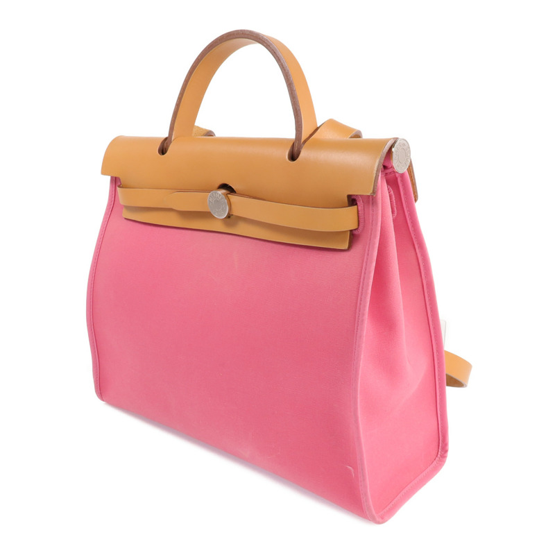HERMES 帆布Herbag PM銀扣手挽肩背兩用袋Bois de Rose-1