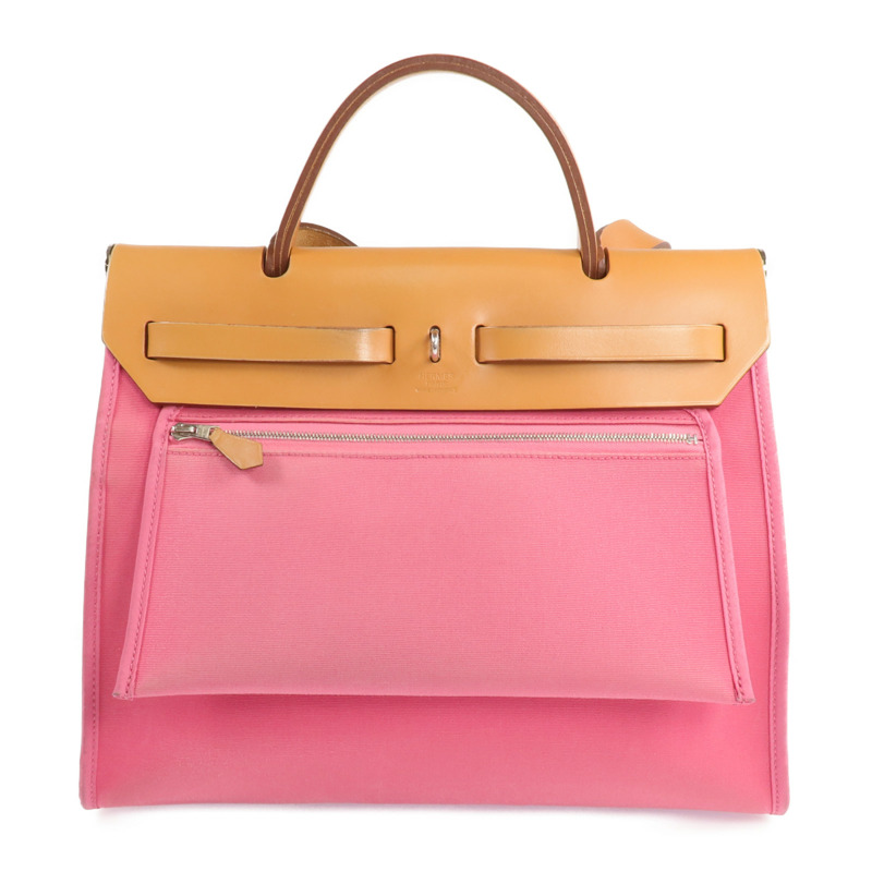 HERMES 帆布Herbag PM銀扣手挽肩背兩用袋Bois de Rose-2