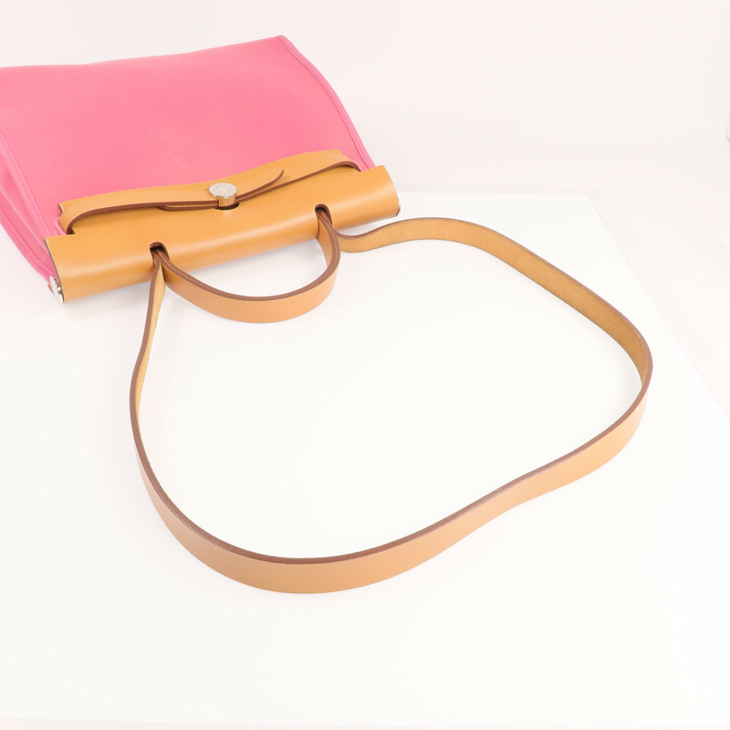 HERMES 帆布Herbag PM銀扣手挽肩背兩用袋Bois de Rose-7