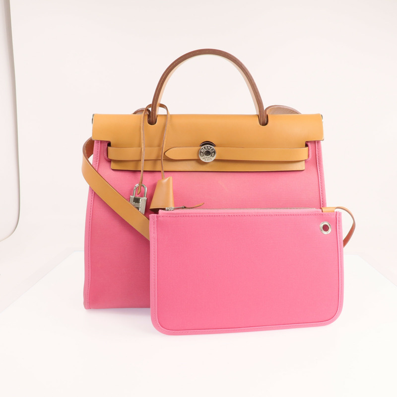 HERMES 帆布Herbag PM銀扣手挽肩背兩用袋Bois de Rose-8