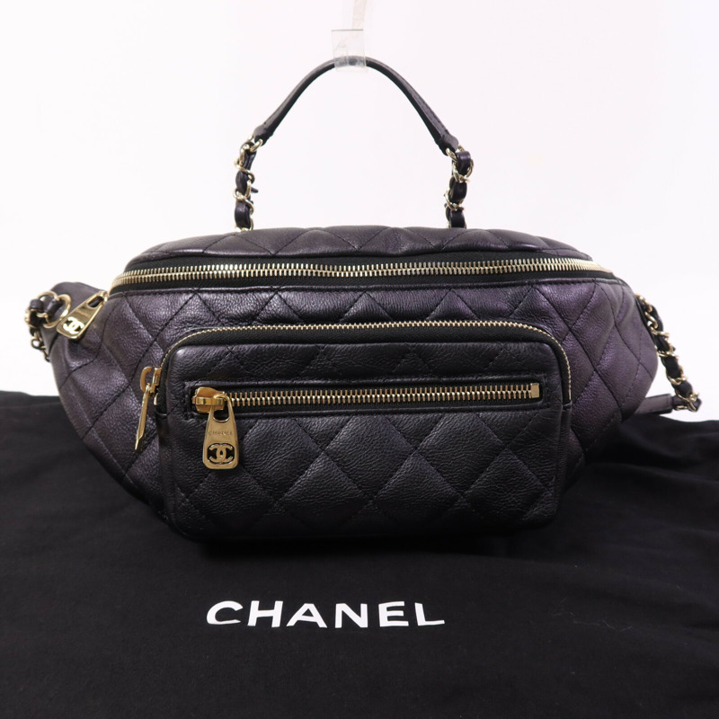 CHANEL 牛皮皮革Belt Bag金扣鏈帶腰包-9