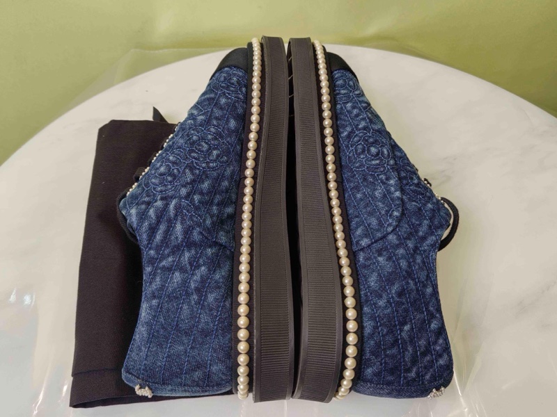 99新Chanel香奈兒 山茶花珍珠牛仔休閒鞋厚底板鞋 38碼 有塵袋一-3